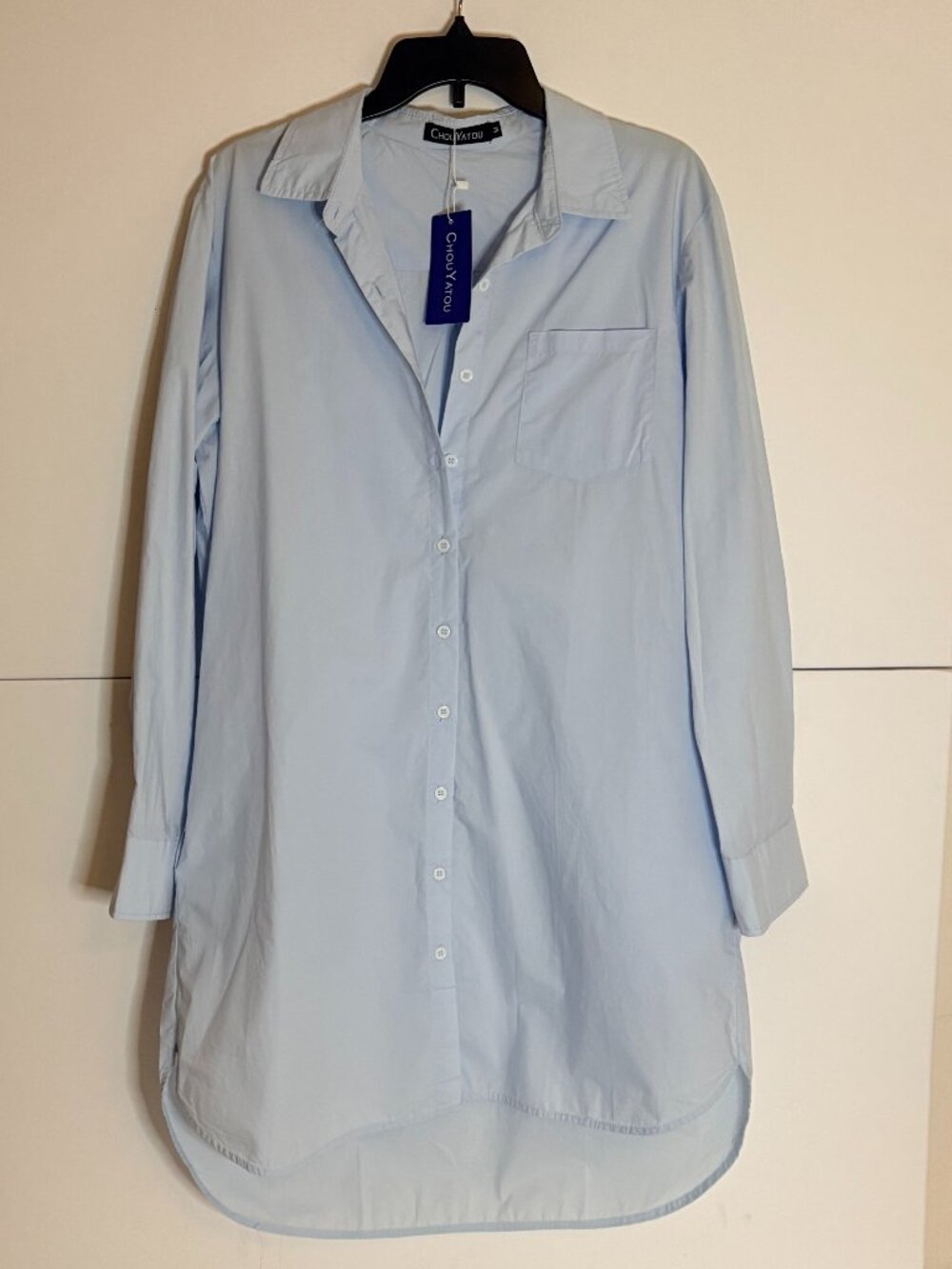 Chouyatou Women's Casual Long Sleeve Light Blue w/Pockets Shirt Dress Size M